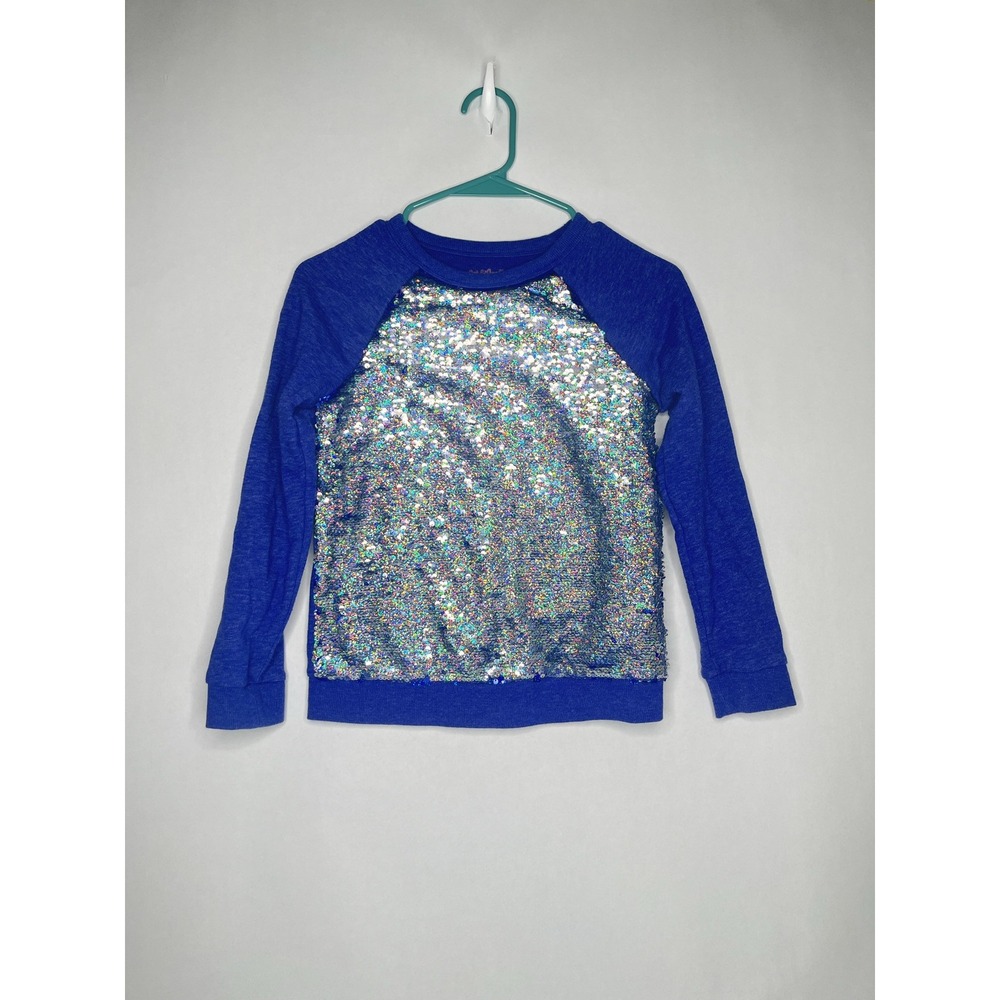 Cat‎ & Jack Girls Size M 7/8 Blue/Silver Reverse Sequined Long Sleeve Sweatshirt